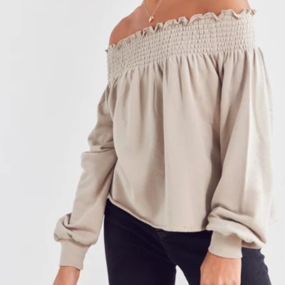 UO Kimchi Blue Cecil Smocked Off the Shoulder Sweatshirt - Picture 1 of 7